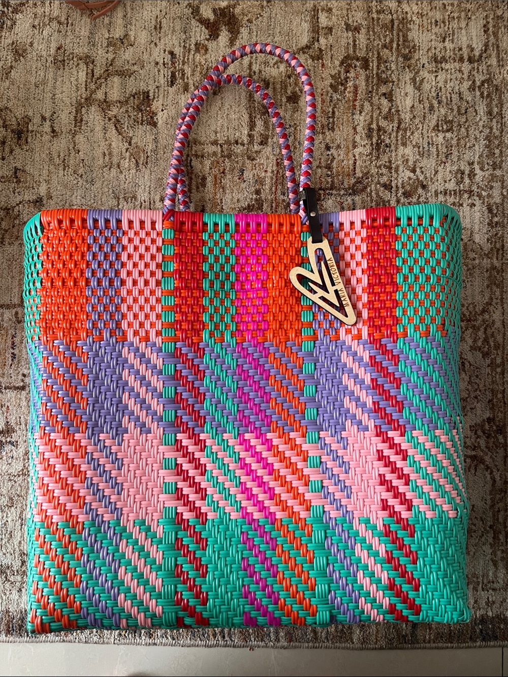 Handwoven Multicolor Tote Bag - Vibrant Pink, Teal & Orange